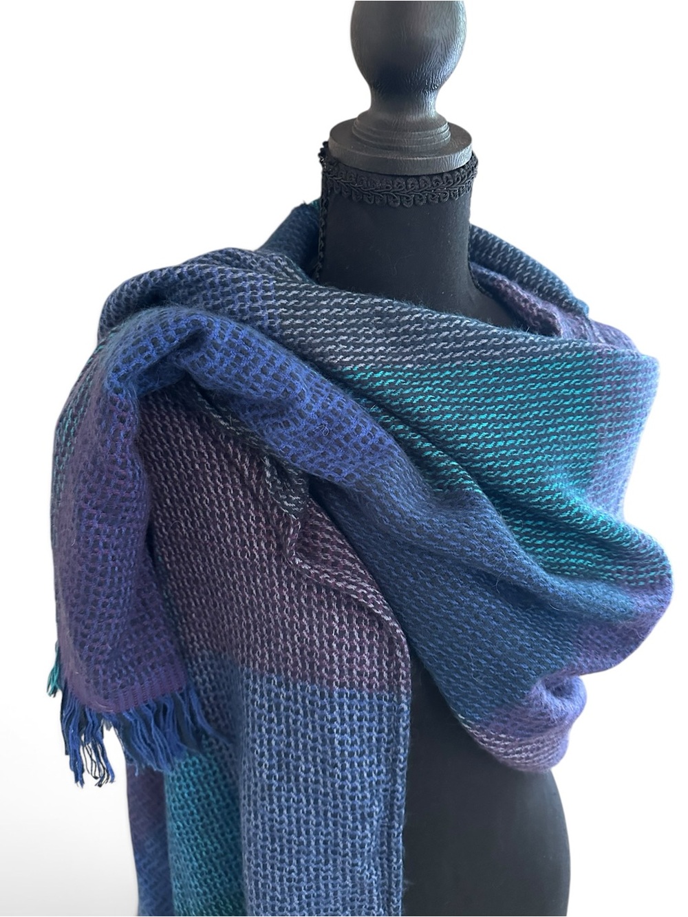 Multicolor Knit Hooded Wrap Shawl - Blues, Teal & Plum